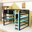 Lit mezzanine avec bureau, lumières RVB, support de rangement latéral et tablettes multiples-680192016-680192019