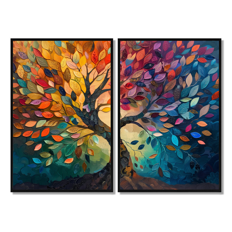Arbre coloré de la vie II - Décorations murales arbre de vie 2 pièces, Black, 36" H x 48" W