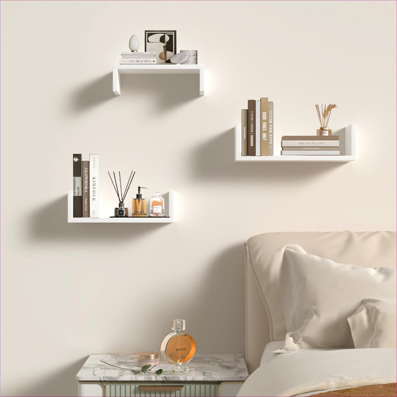 Three Assorted Sizes Modern Style Floating Wall Shelves, Classic White Wood Wall Mounted Storage for Home Organization