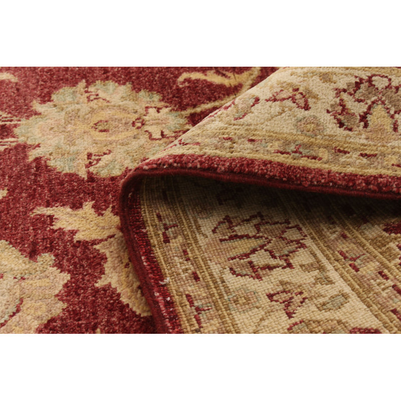 Tapis décoratif en laine rouge foncé de conception unique 4 pi 1 po x 6 pi 3 po noué à la main new age chobi