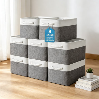 8 Pack Collapsible Storage Bins with Handles, Fabric Storage Baskets for Shelves, Polyester Linen Closet Organizer for Toys, Towels, Books, and Clothes