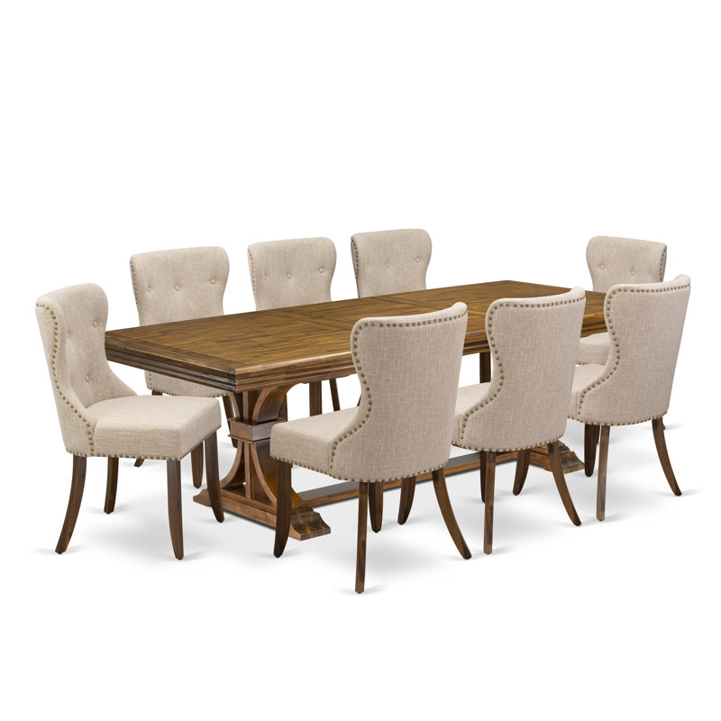 L'ensemble de table de salle à manger 9 pièces se compose d'une table de cuisine moderne et de 8 chaises de salle à manger en tissu de lin brun clair avec dossier capitonné - Finition noyer antique