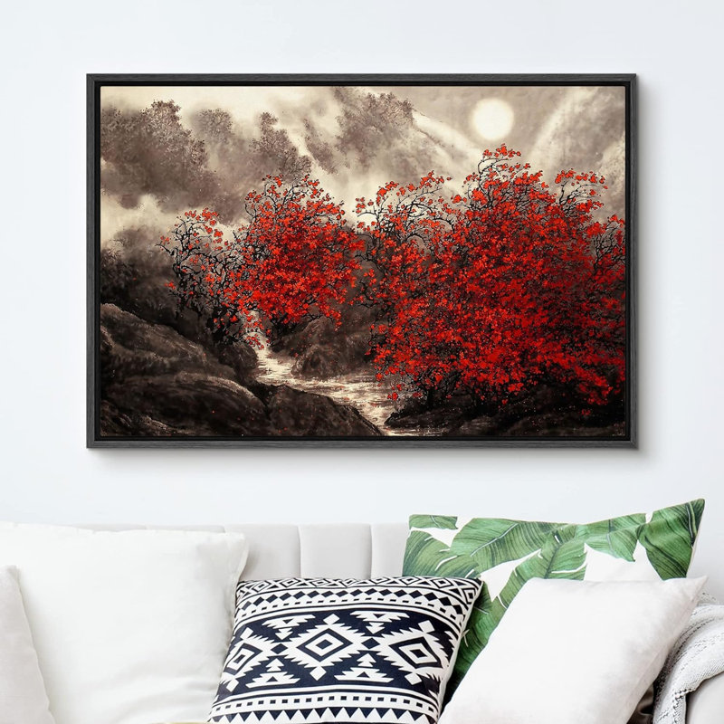 Automne Automne «Red Forest Trees» sur, H 24 po x l 36 po, Cadre flottant noir