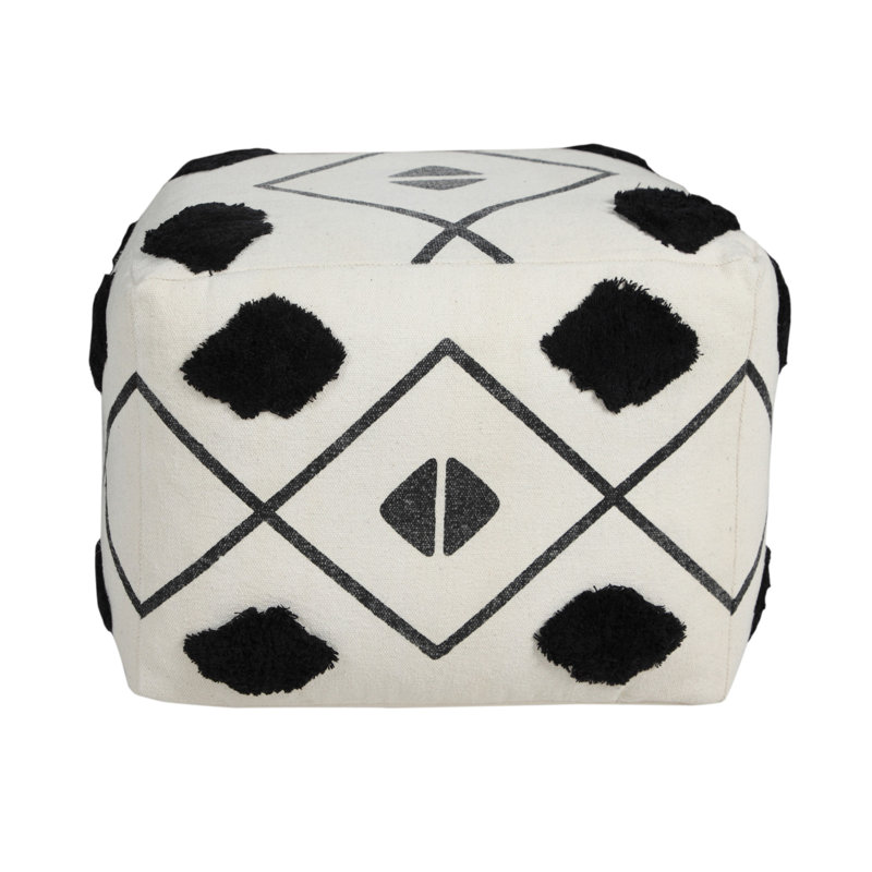 Ivory and Black Diamond Tufted Square Pouf Ottoman, 18" x 14"