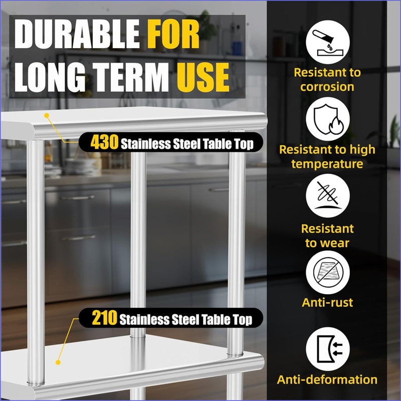 Double tablette en acier inoxydable peu encombrante pour la table de préparation, capacité de 330 lb, facile à installer