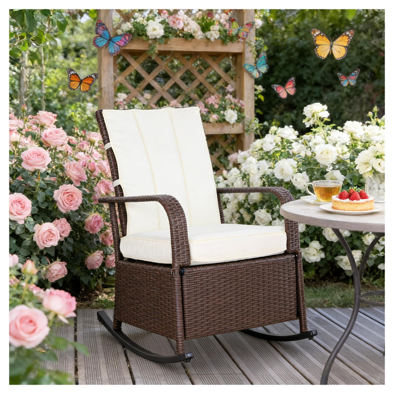 Fauteuil inclinable d'extérieur en rotin avec dossier réglable, brun et blanc