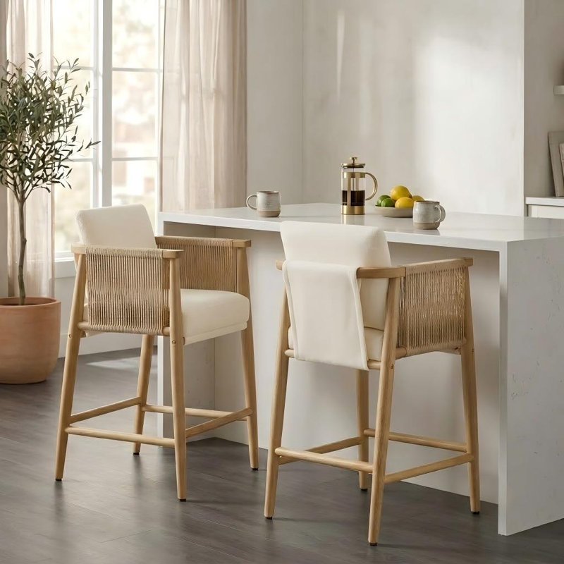 Upholstered Counter Stools with Hand-Woven Rope Arms, Cream