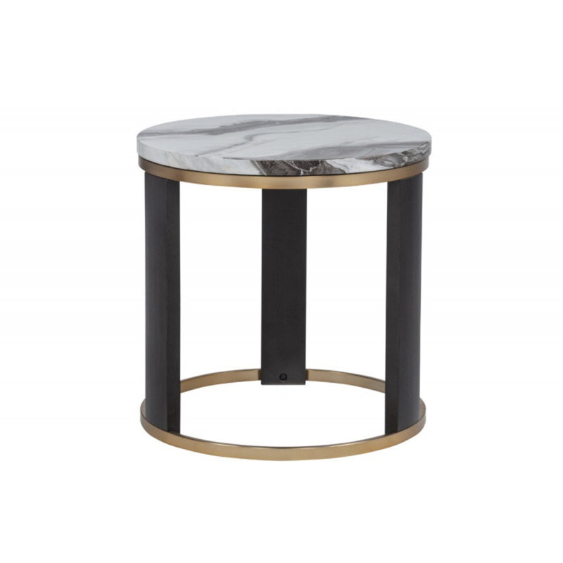Table de bout 24 po ronde en ivoire ivoire imitation marbre, canapé de salon avec accents dorés, brun / or