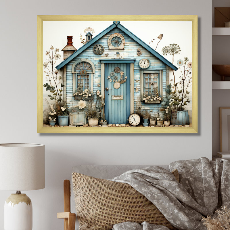 «Blue Beach House Collage Tranquility», art mural sur toile, Cadre d'angle fermé doré, H 20 po x l 12 po x P 1 po
