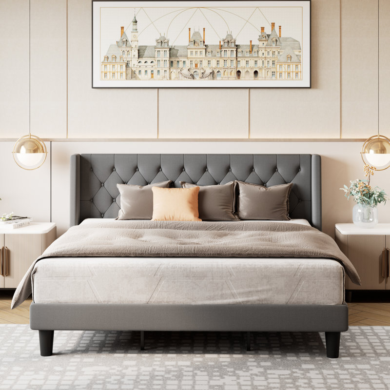 Hilbert Upholstered Low Profile Platform Bed Frame with Headboard, King, Dark Grey