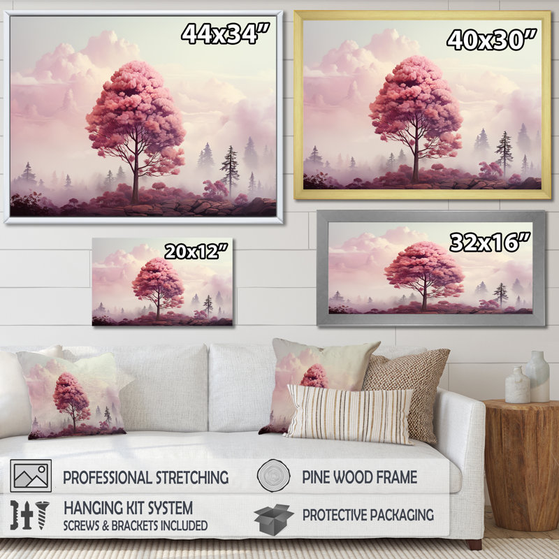 «Mystic Pink Trees In Amethyst Landscape V», reproduction sur toile, Cadre flottant noir, H 12 po x l 20 po