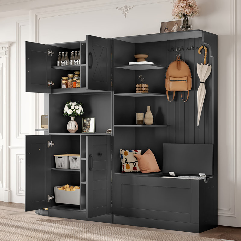 Armoire de vestibule multifonctionnelle gauche-droite avec rangement et 4 crochets, Black
