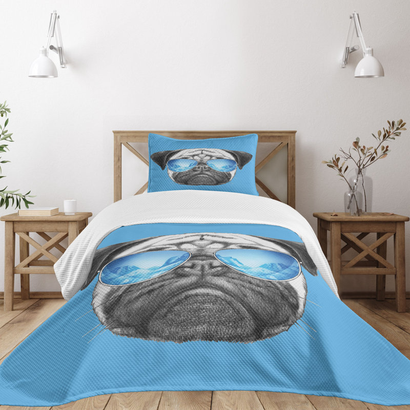 Twin White Quilted Bedspread Set with Pug Design
