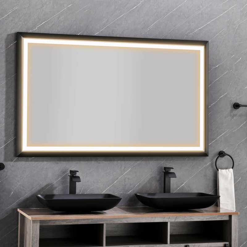 Miroir de salle de bain à DEL avec cadre en aluminium, miroir de meuble-lavabo mural, antibuée, mémoire, 3 couleurs, gradation continue