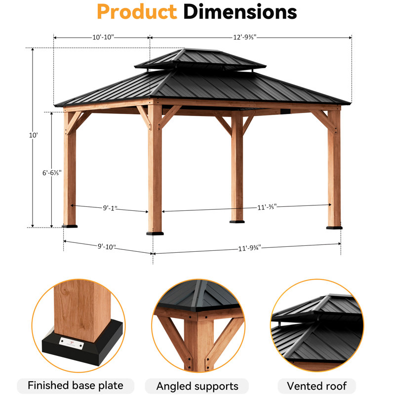 Rosewood 11 Ft. X 13 Ft. Premium Cedar  Wood Framed Hard Top Patio Gazebo With 2-Tier Metal Roof