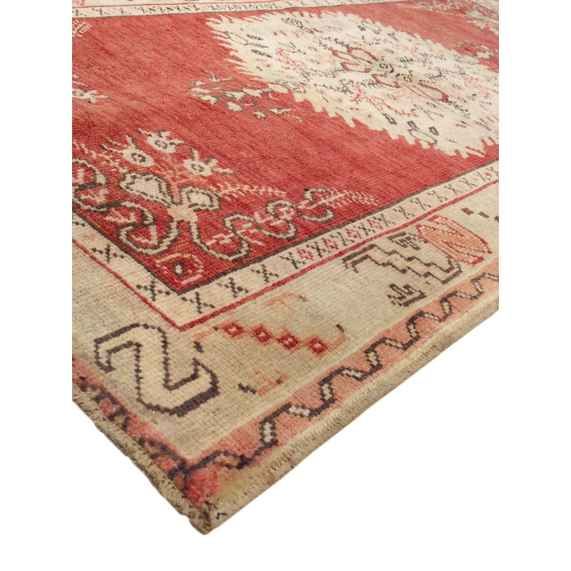 Tapis rouge / ivoire en laine noué à la main de conception unique style années 2010 Oushak 3 pi x 8 pi