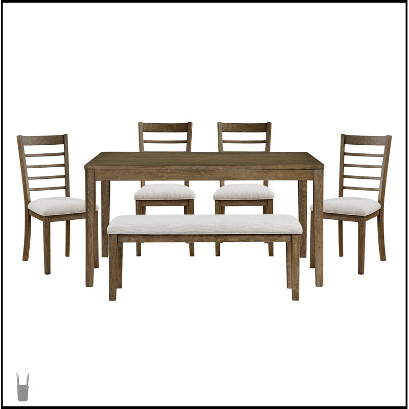 Élégante table de salle à manger 6 pièces avec banc et chaises d'appoint, mobilier en bois brun clair confortable pour les maisons modernes