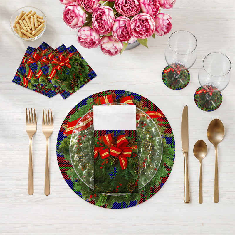 Christmas Wreath Vegan Leather Round Pebble Placemat, Tartan Blue