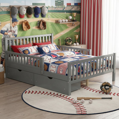 Lit plateforme gris en bois pour enfants avec garde-corps et tiroirs de rangement spacieux