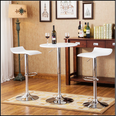 Adjustable Height Wood And Chrome Metal Bar Table With 2 Swivel Stools, Perfect For Modern And Versatile Living Spaces.
