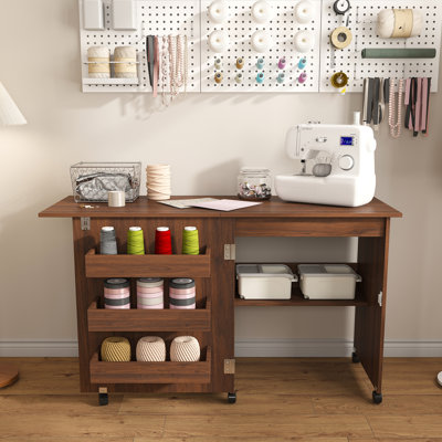 Walnut 4-in-1 Folding Sewing Table with Lockable Wheels – Multi-Functional Craft Station, End Table, Computer Desk & Kitchen Storage with Shelves, Rolling Sewing Machine Table for Apartments