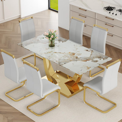 71'' Modern Dining Table Set, Tempered Glass Top with Gold Metal Base, PU Leather Chairs, Luxury Dining Room Set