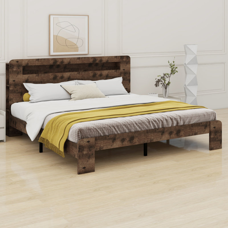 Lit de rangement minimaliste en bois avec tête de lit à DEL et USB, Très grand lit