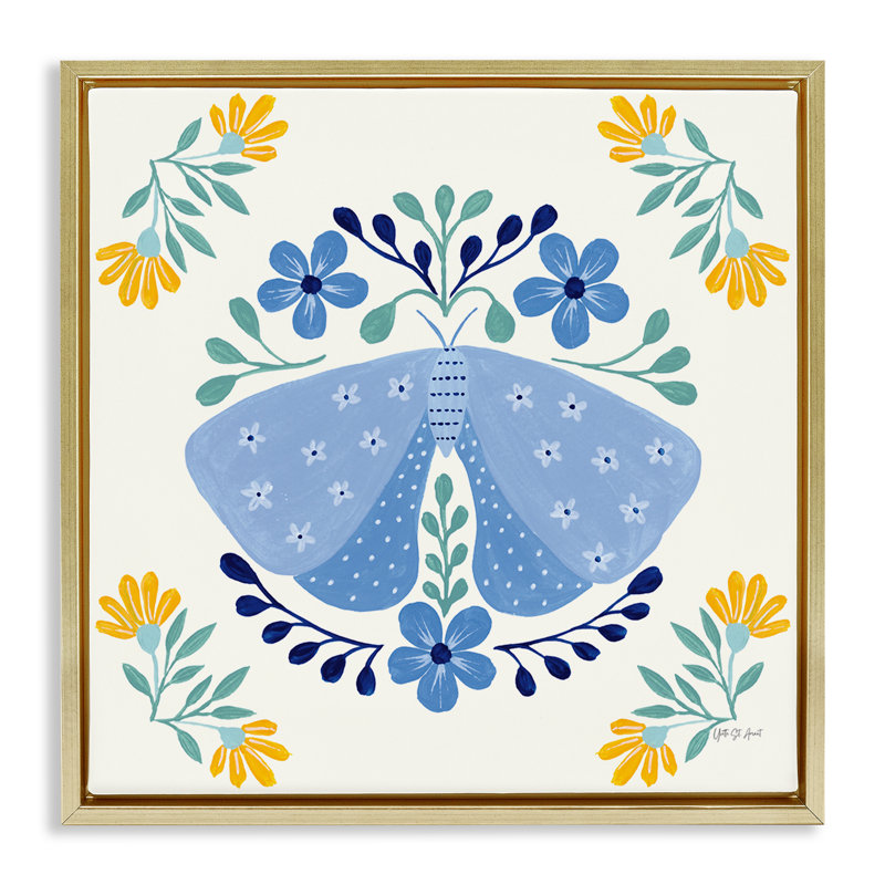  «Blue Folk Butterfly Floater», art mural sur toile par Yvette St. Amant, H 25 po x l 25 po, Cadre flottant métallique doré
