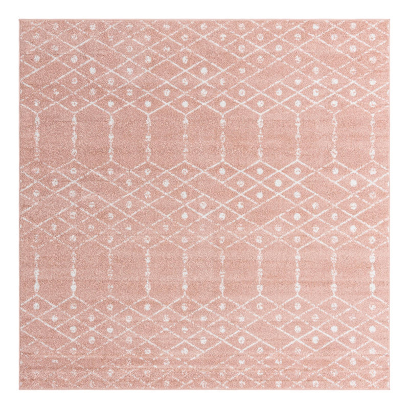 Tapis rose à motif géométrique, Carré 7 pi 10 po