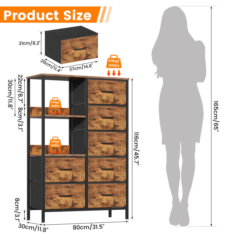 30 cm W Chest of 7 Drawers, Rustic Brown
