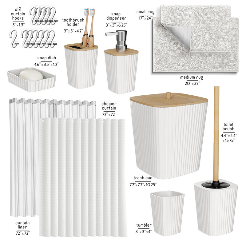 Ensemble complet d'accessoires de salle de bain 22 pièces avec tapis de bain, ensemble de rideau de douche, doublure et crochets