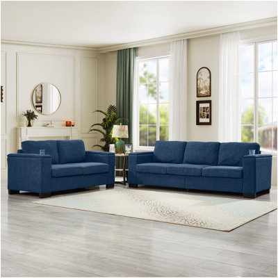 Deux pièces 2 + 3 places Canapé de salon de style moderne Canapé en tissu, canapé à accoudoirs carrés avec porte-gobelet, canapé de rangement, rembourré en polyester bleu