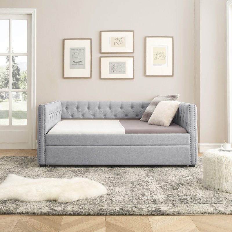 Lit de jour moderne double avec gigogne simple et canapé-lit capitonné, Gris