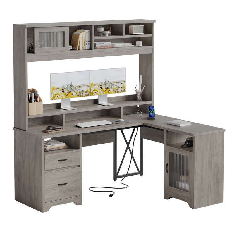 Bureau d'ordinateur 63 po en forme de L avec rehausse, bureau d'angle avec prise de courant intégrée, éclairage DEL, Gris
