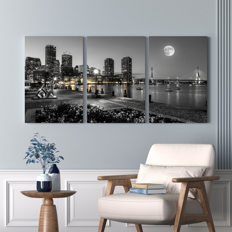 Ensemble de 3 tableaux sur toile tendue représentant un paysage urbain nocturne au clair de lune, en noir et blanc., 1218