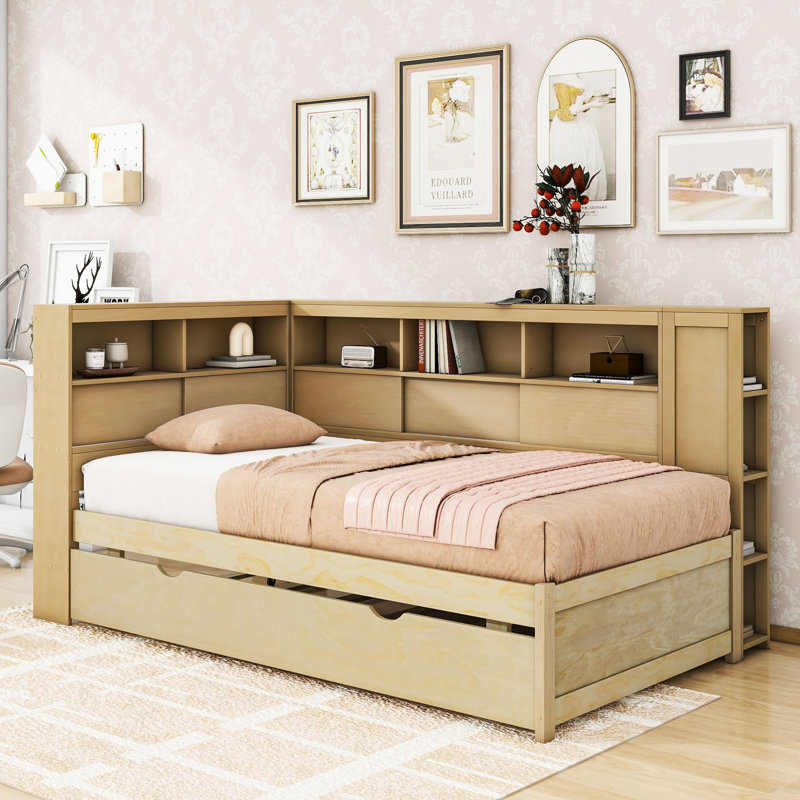 Lit de jour simple en bois avec couchette simple, tablettes de rangement et chargement USB, Naturel