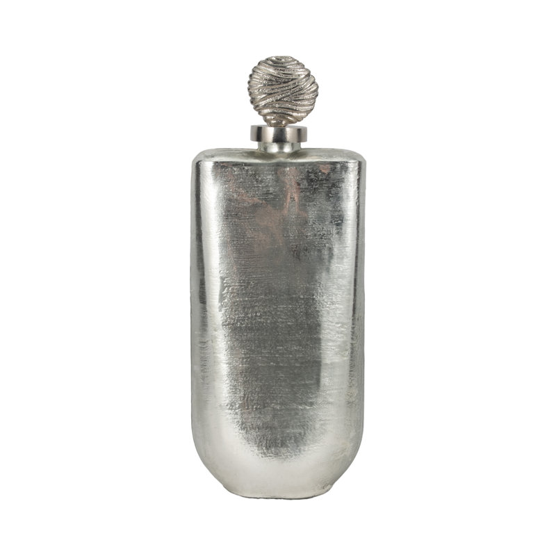 Glass Metallic Silver Solid Cylinder Bottle w and Orb Topper, 19" H x 8" W x 8" D