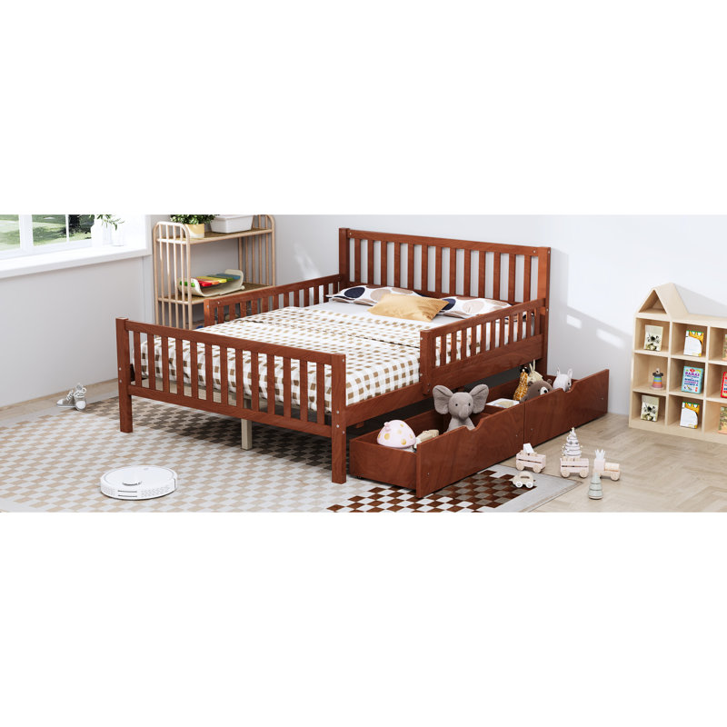 Lit plateforme en bois de noyer pleine grandeur avec garde-corps et deux tiroirs pour le rangement de la chambre à coucher, finition lisse, stabilité à 8 lattes avec les deux tiroirs de rangement latéraux, contreplaqué robuste, sommeil sécuritaire et confortable