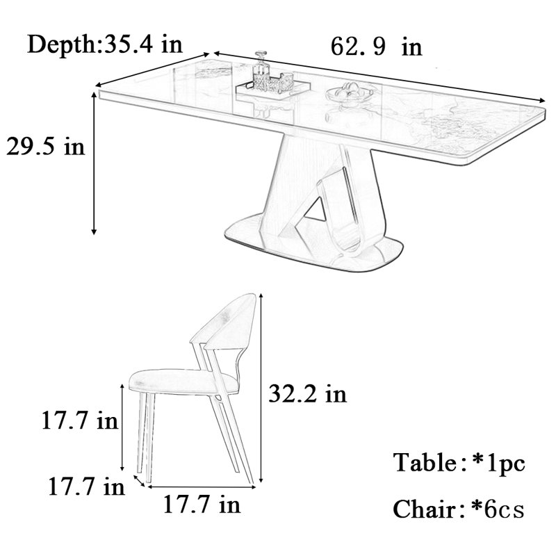 Light luxury rectangular dining table and chair, 29.5"H x 62.9"L x 35.4"W