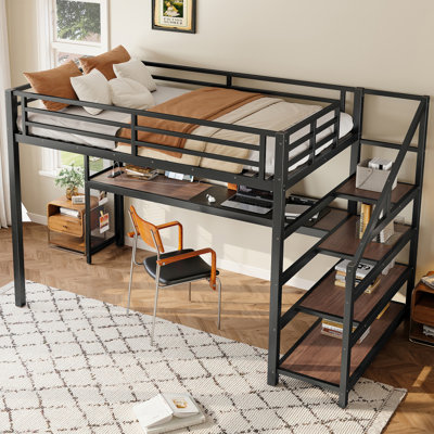 Grand lit mezzanine avec bureau et escalier de rangement, lits mezzanine en métal avec lumières DEL, ports USB, filets en fer multifonctionnels, aucune boîte à ressorts nécessaire et sans bruit, noir