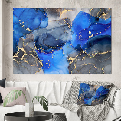 Blue and Black Luxury Abstract Fluid Art I - Abstract Painting on Canvas Print