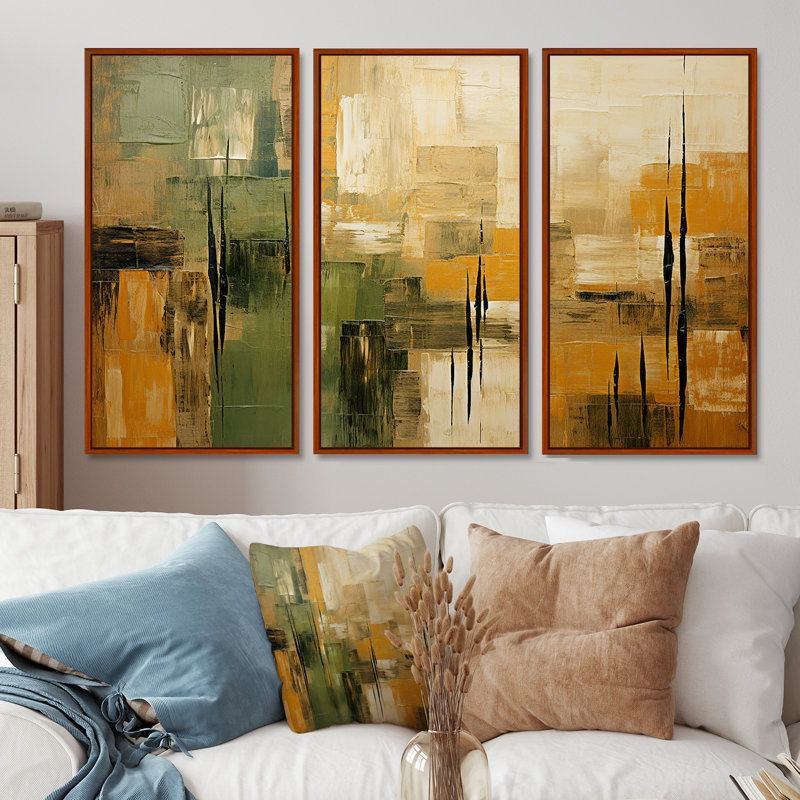 «Green Beige Wild Essence Collage I», art mural tachisme, H 28 po x l 36 po x P 1 po, Cadre flottant brun