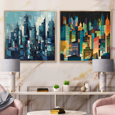 Bleu et vert Cityscape Essence - ensemble de 2 collages carrés