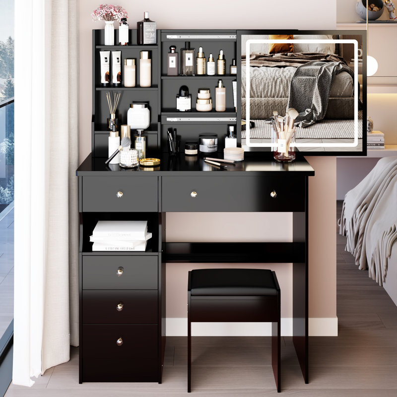 Table de meuble-lavabo de 37 pouces avec tiroir à gauche, tabouret rembourré, miroir tactile tricolore réglable et beaucoup d'espace de rangement pour les espaces spacieux