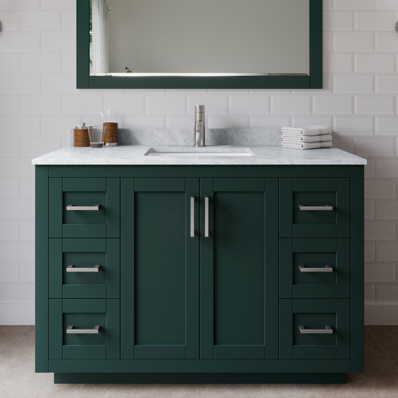 Miranda 48" Freestanding Single Bathroom Vanity with Marble Top with 46" Mirror, Brushed Nickel,  Green