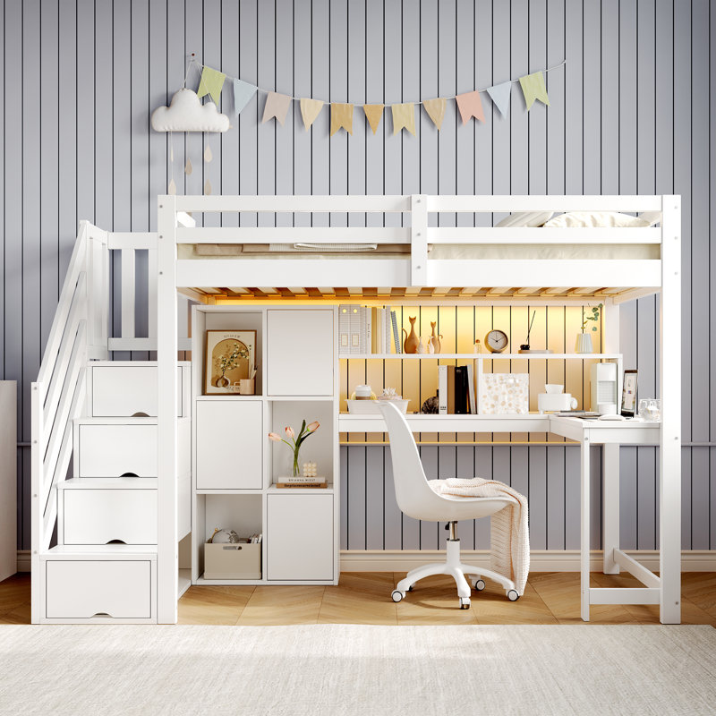 3ft White Single High Sleeper Bed Frame with Built-in L-Shape Desk, Storage Locker & RGB Lighting