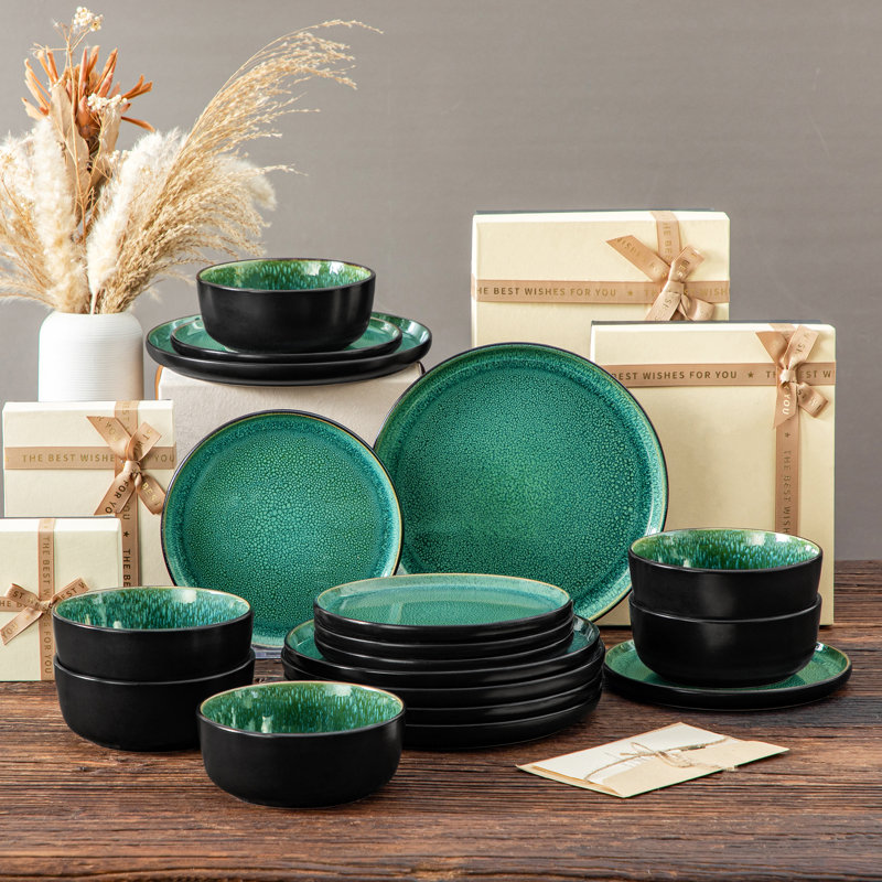 Service de table en porcelaine 18 pièces PLA, service pour 6, Vert / noir