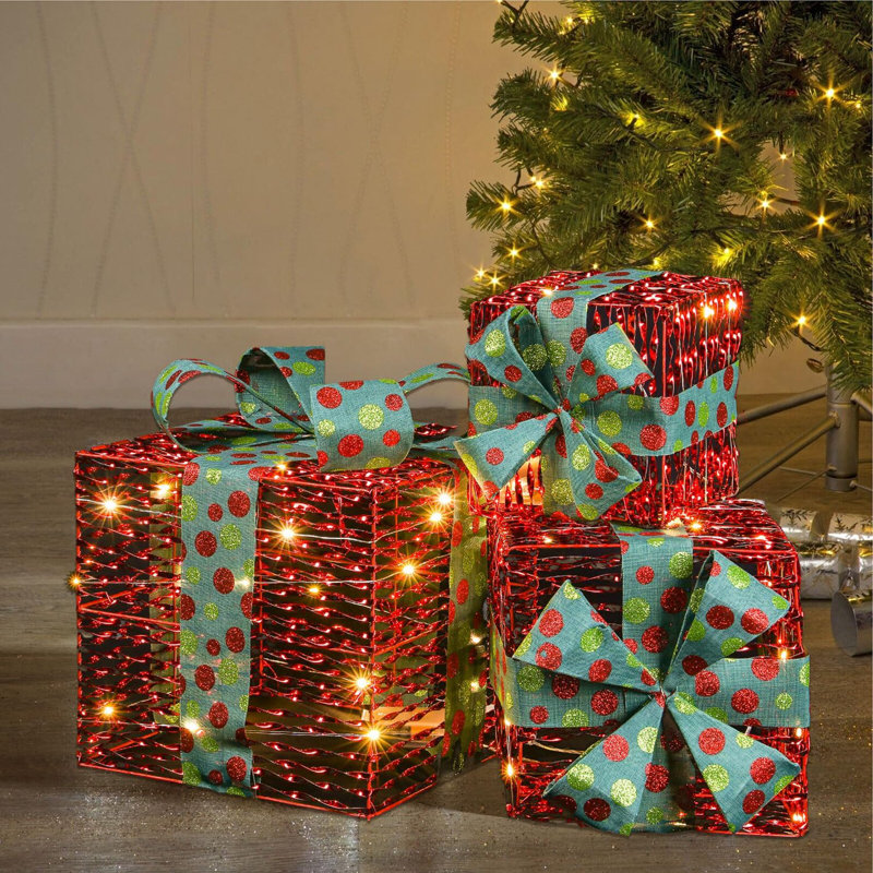 Set Of 3 Light-Up Christmas Gift Boxes With 50 Warm White LED Lights Battery-Powered Xmas Decor Red With Green Ribbon