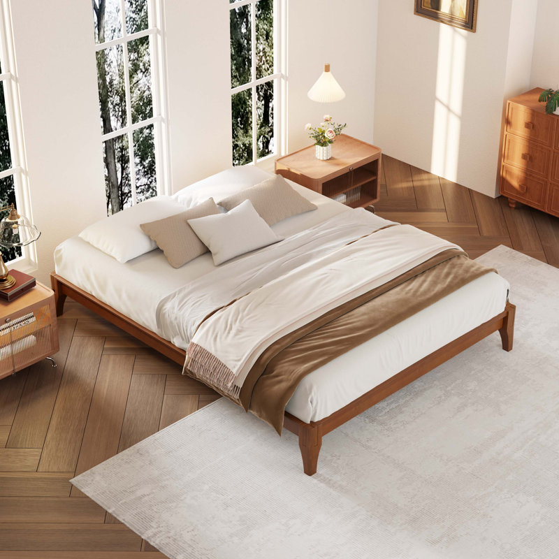 Lit plateforme en bois massif, Lit double, Brun