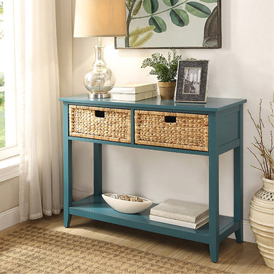 Rectangular Teal Console Table With Drawer And Shelf Space - Ideal For Entryways Living Rooms Solid Wood Leg Support Bottom Storage For Entryway, Room, Hallway